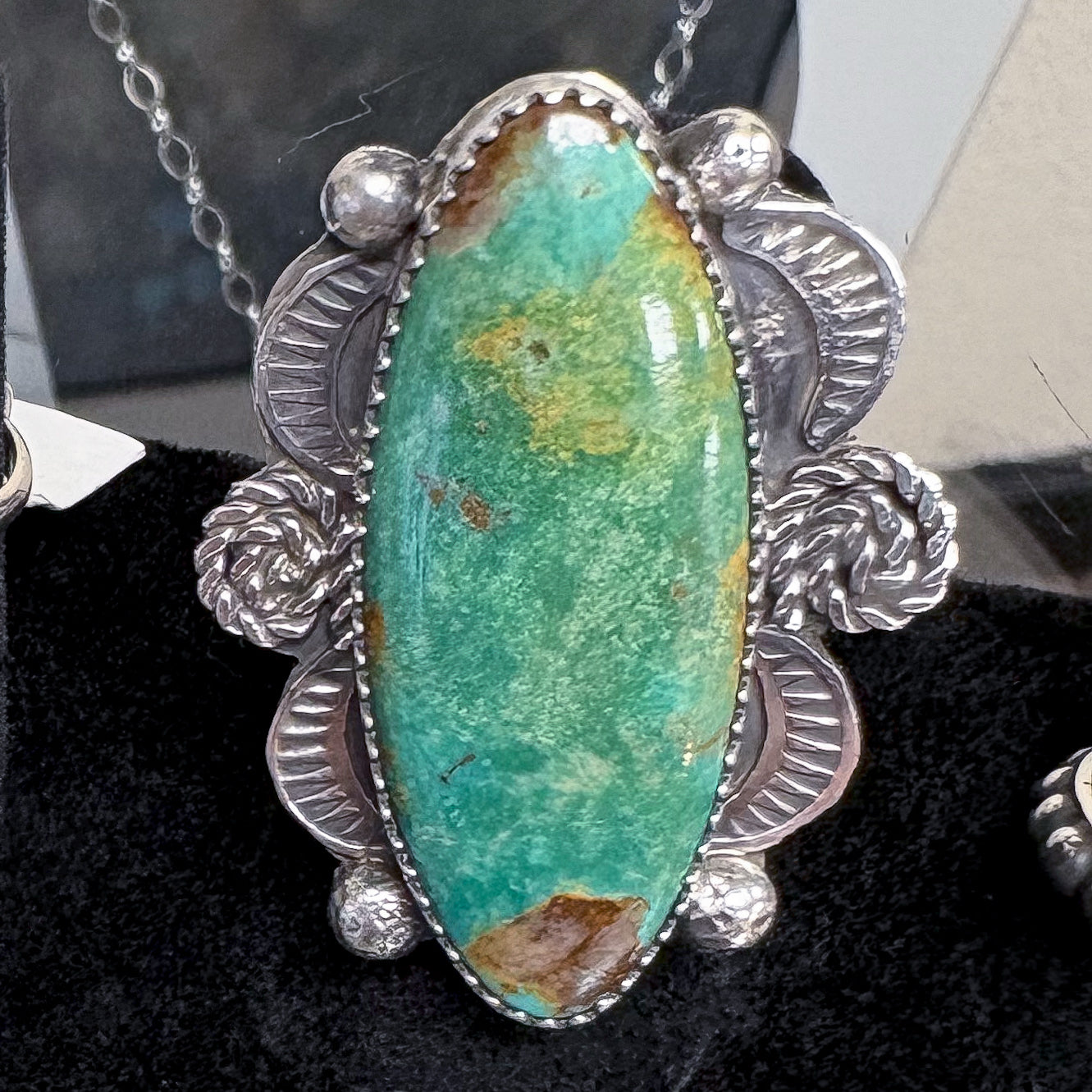 Large Adjustable Turquoise Oval Ring with Silver Edges