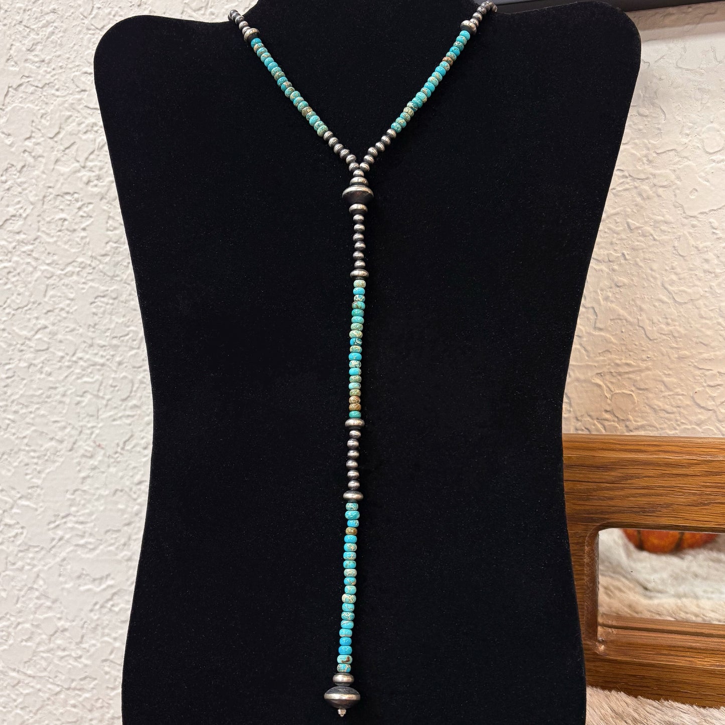 Silver & Turquoise Navajo Pearl Y Necklace