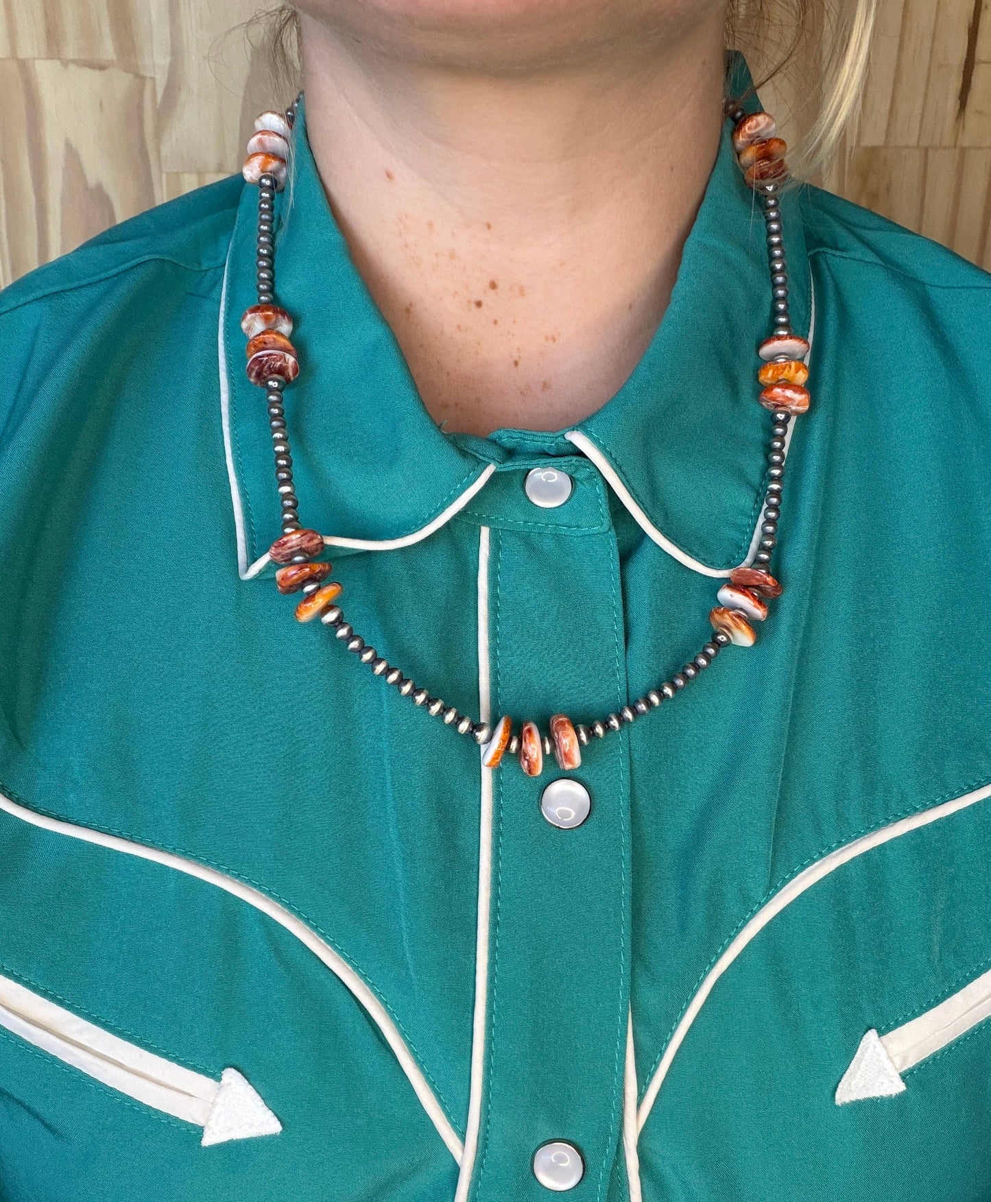 #026 Orange Spiny Oyster & Sterling Pearls Necklace