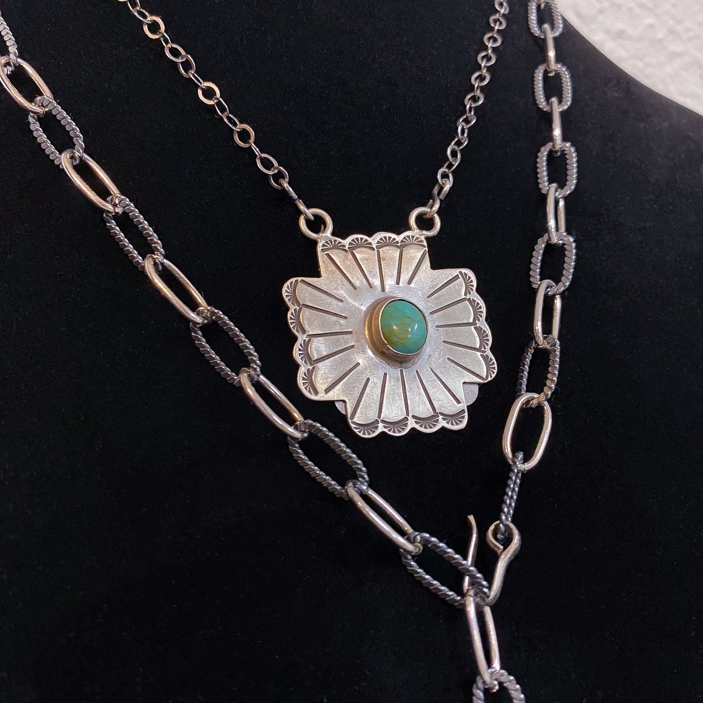 Necklace with Large Silver Pendant and Turquoise Stud