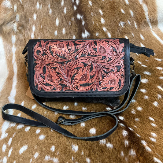 Cowhide / Tooled 2 Zipper Handbag