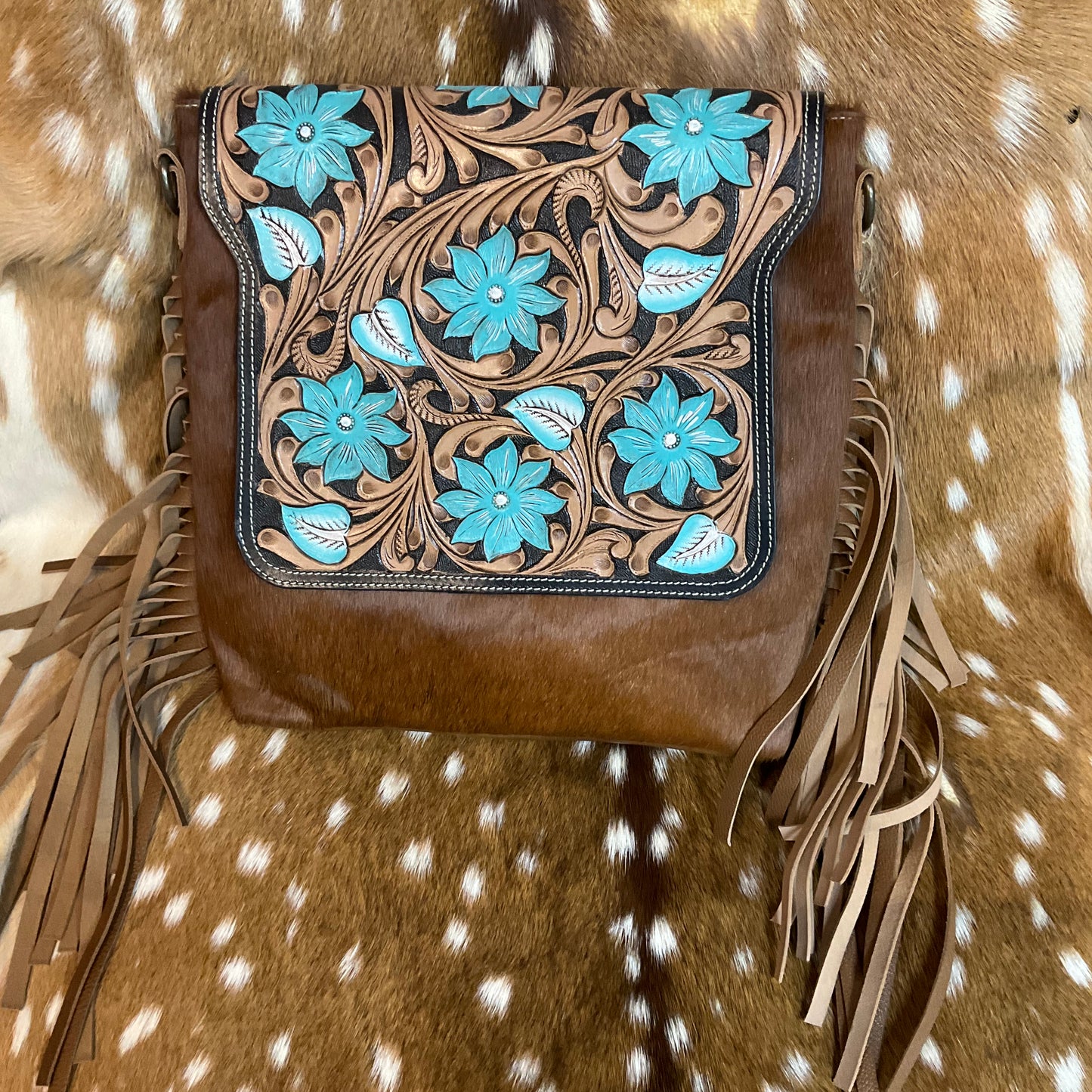Fringe Handbag Cowhide Turquoise Tooled