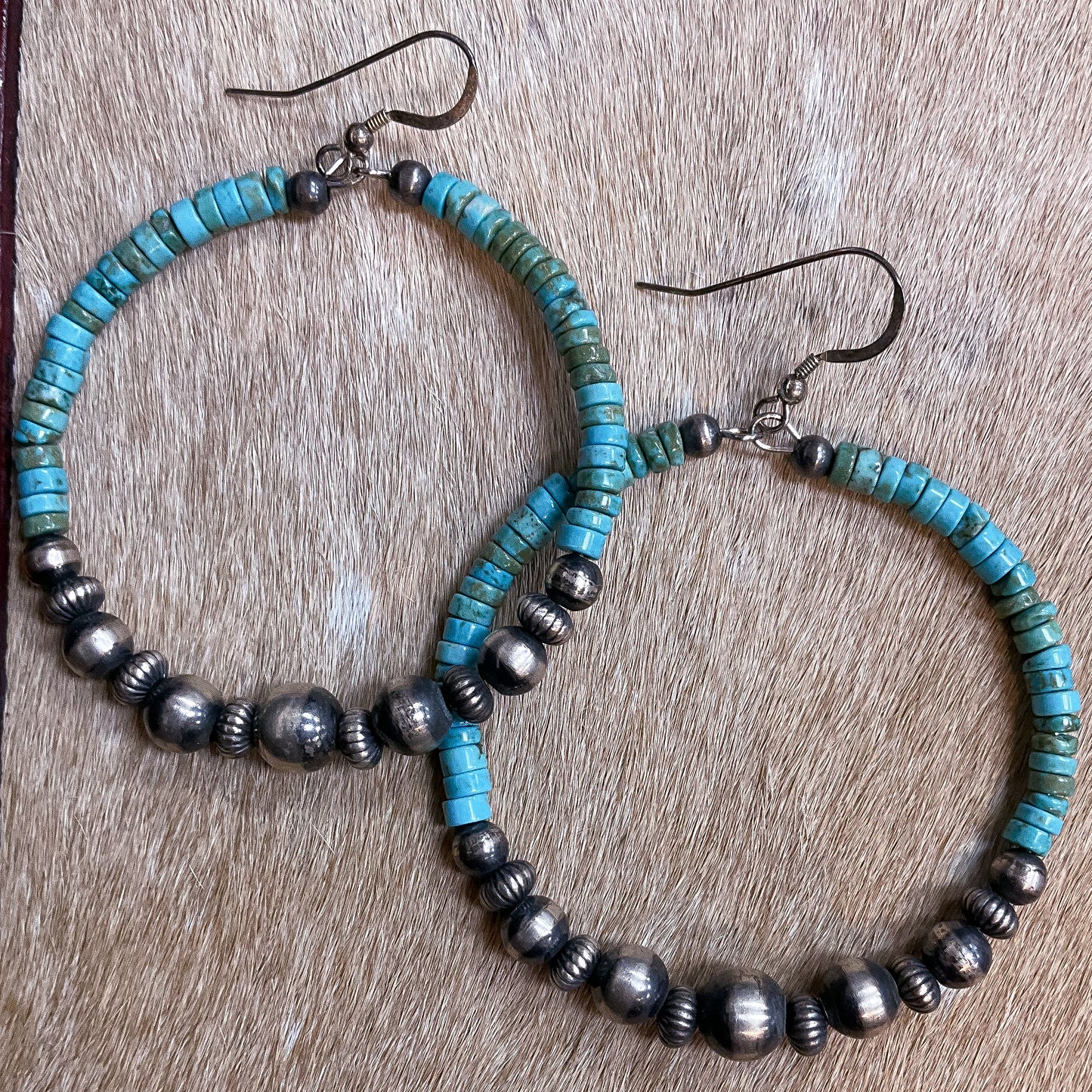 Circular Drop Earrings with Turquoise Beads & Navajo Pearls