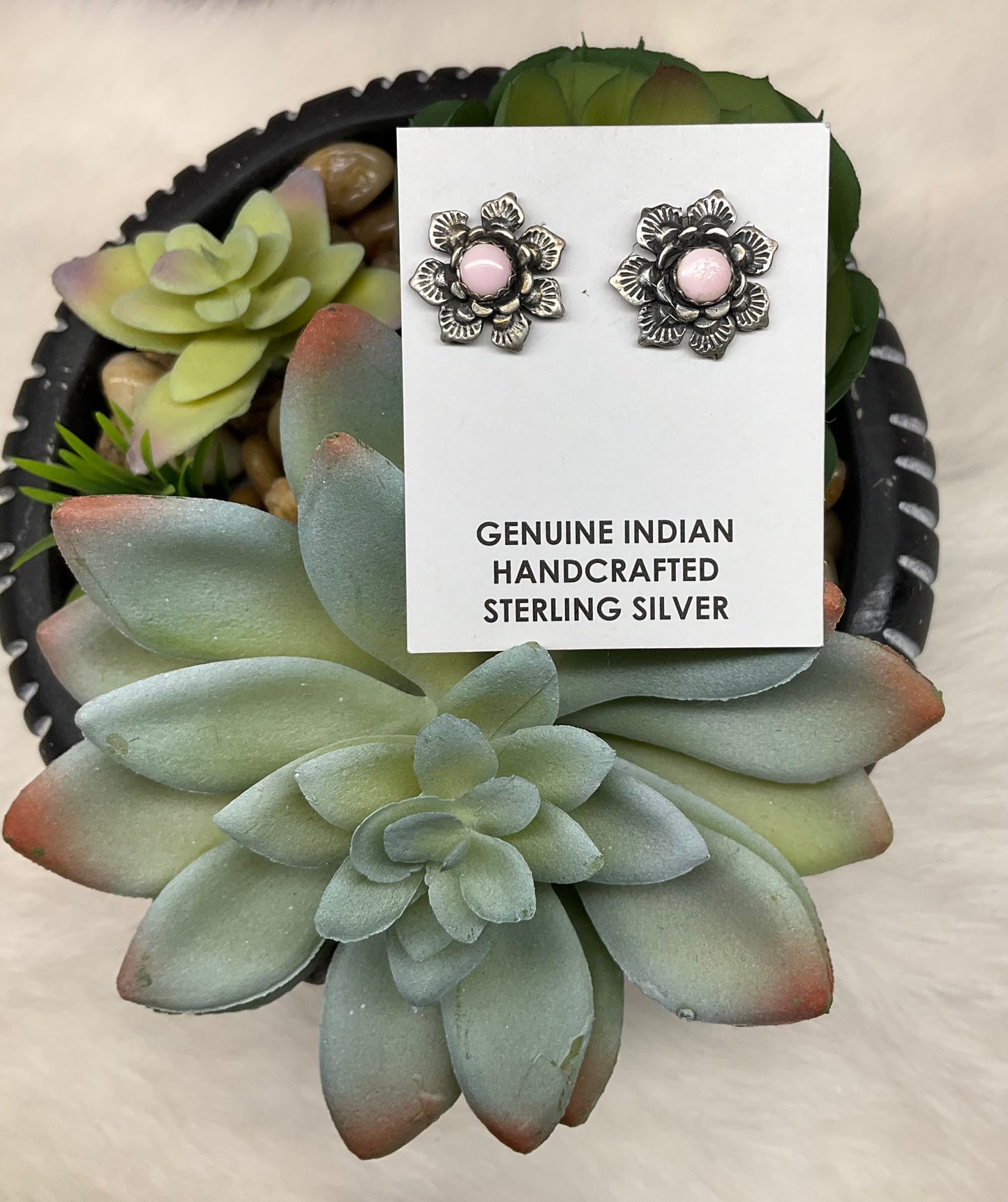 Sterling Silver Flower and Pink Conch Stud Earrings