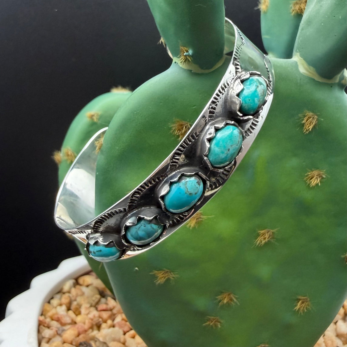 Five Turquoise Stone & Sterling Silver Cuff Bracelet