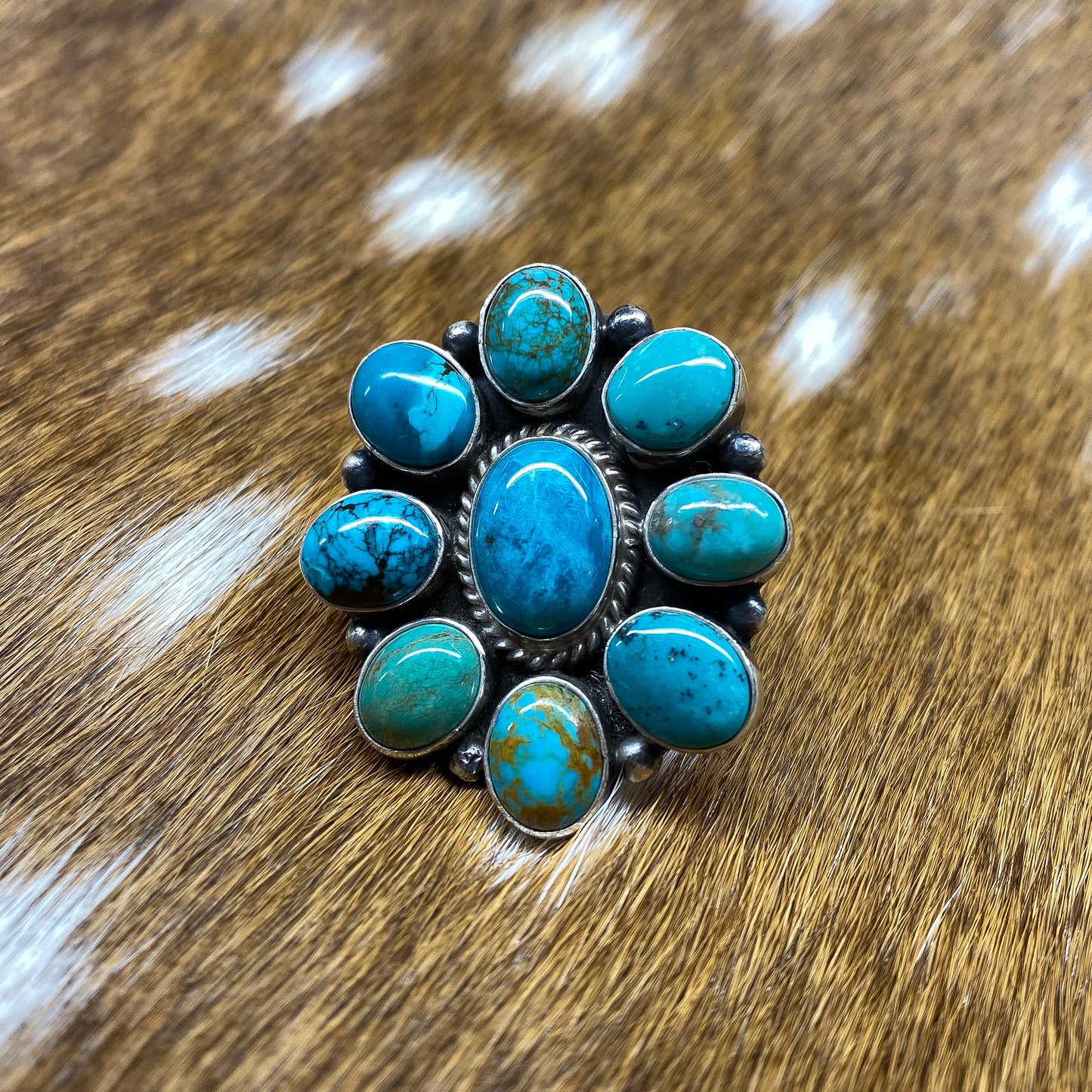 9 Stone Adjustable Turquoise Cluster Ring