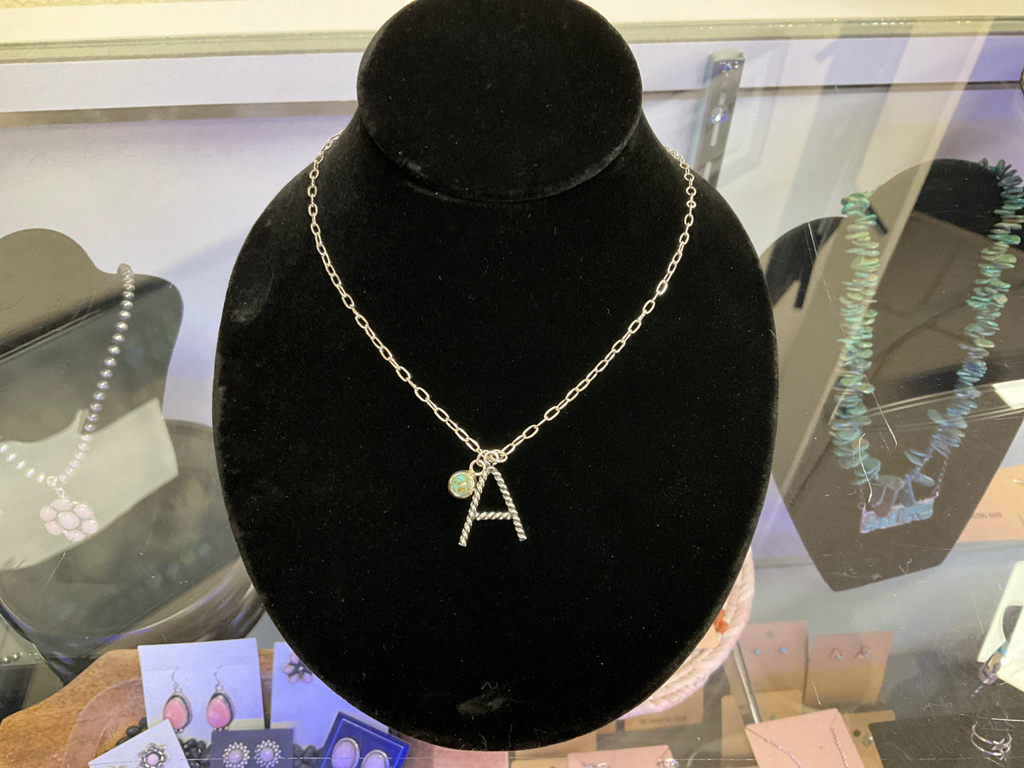 ‘A’ Initial Necklace with Turquoise Charm