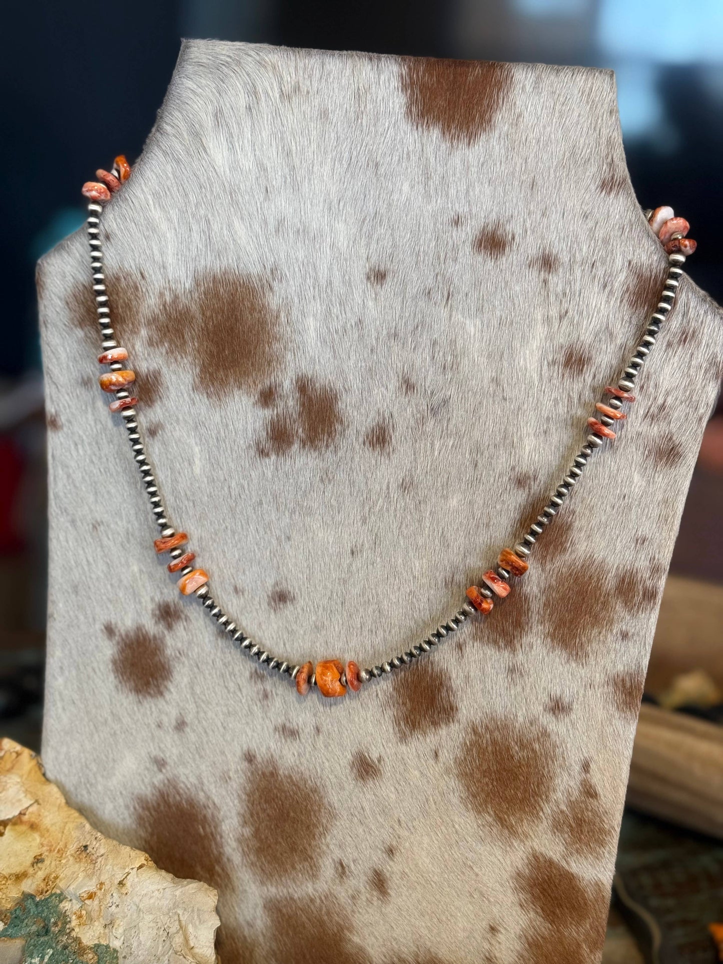 #026 Orange Spiny Oyster & Sterling Pearls Necklace