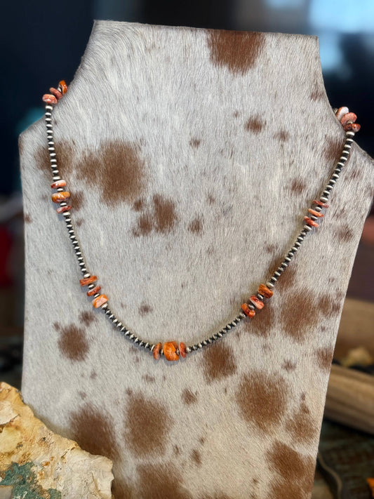 #026 Orange Spiny Oyster & Sterling Pearls Necklace