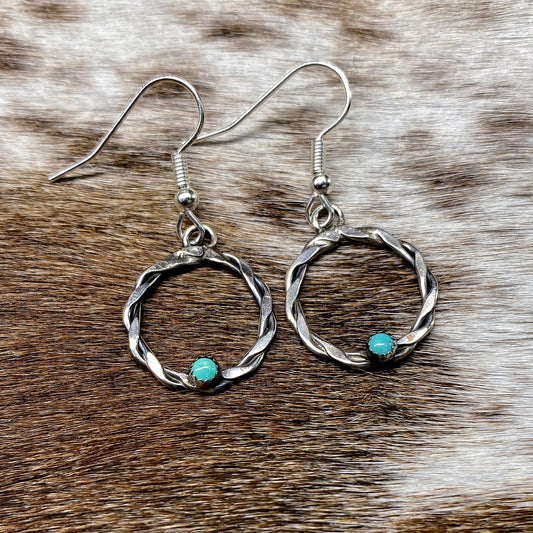 Twisted Silver Drop Earrings with Turquoise Stud