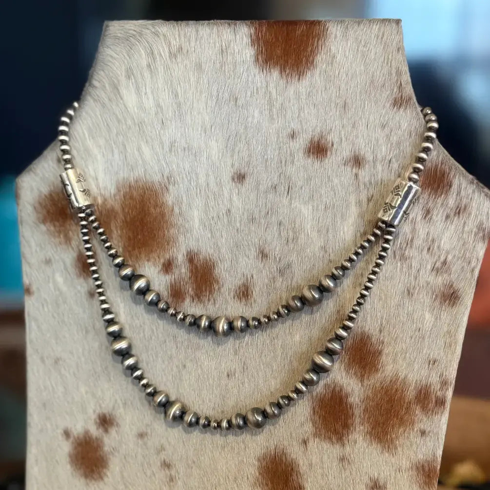 Double-Strand Sterling Silver Pearl Necklace with Barrel Beads