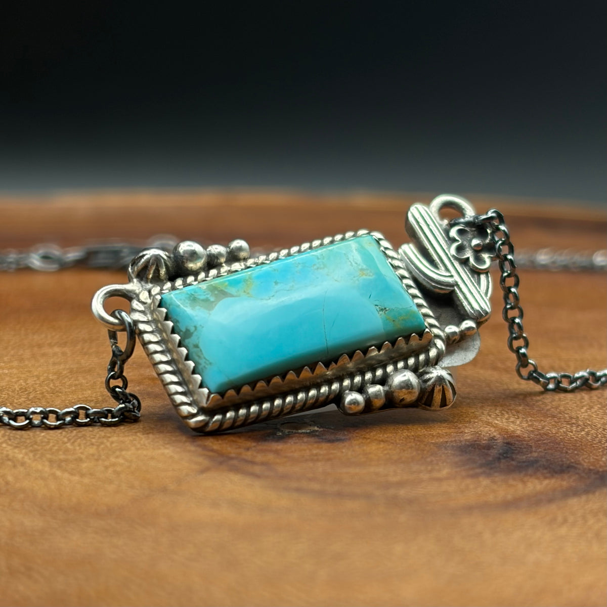 Turquoise Bar Necklace & Sterling Silver Decorative Cactus Border