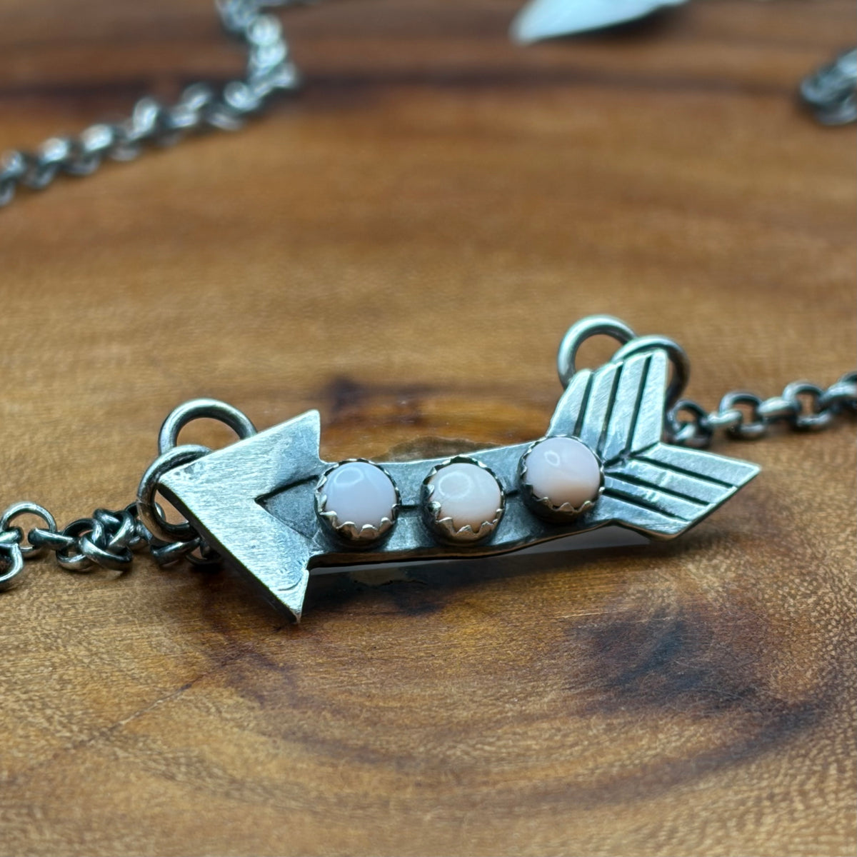 Three Stud Pink Opal & Sterling Silver Arrow Necklace