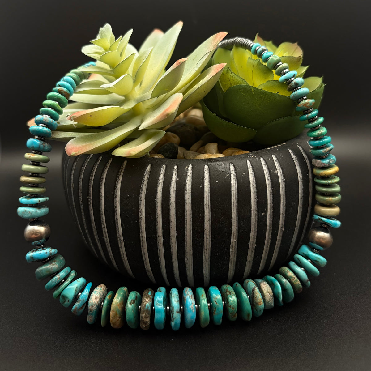 Chunky Turquoise Necklace w/ Sterling Silver Pearl Accent Beads