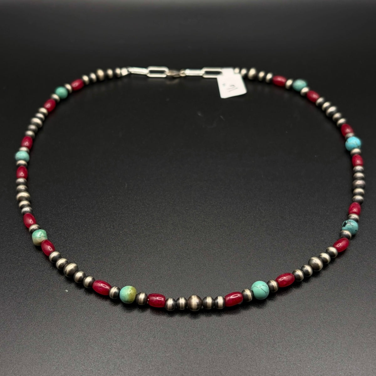 Red Coral & Turquoise Sterling Silver Beaded Necklace