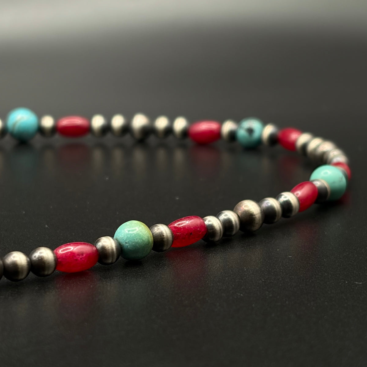 Red Coral & Turquoise Sterling Silver Beaded Necklace