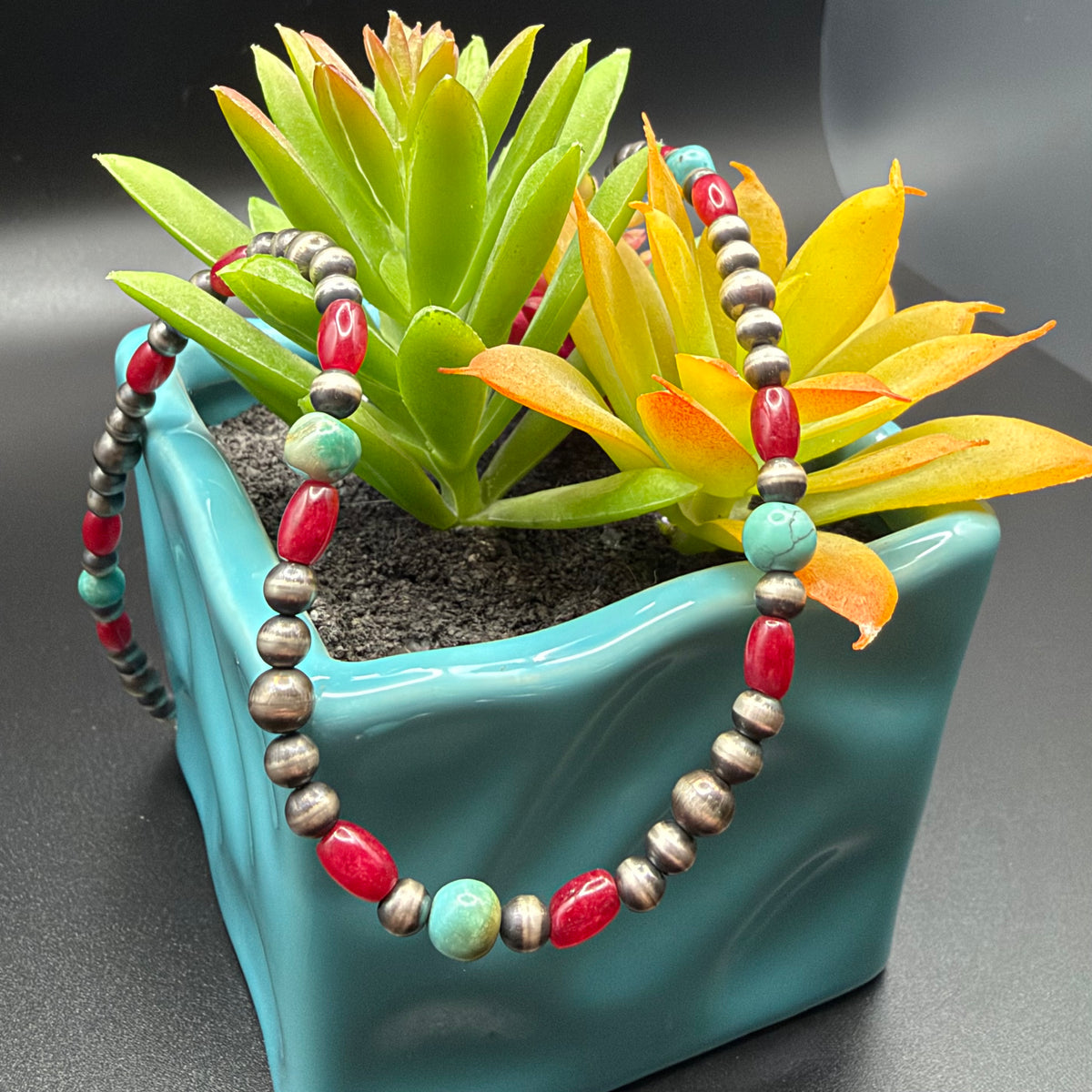 Red Coral & Turquoise Sterling Silver Beaded Necklace