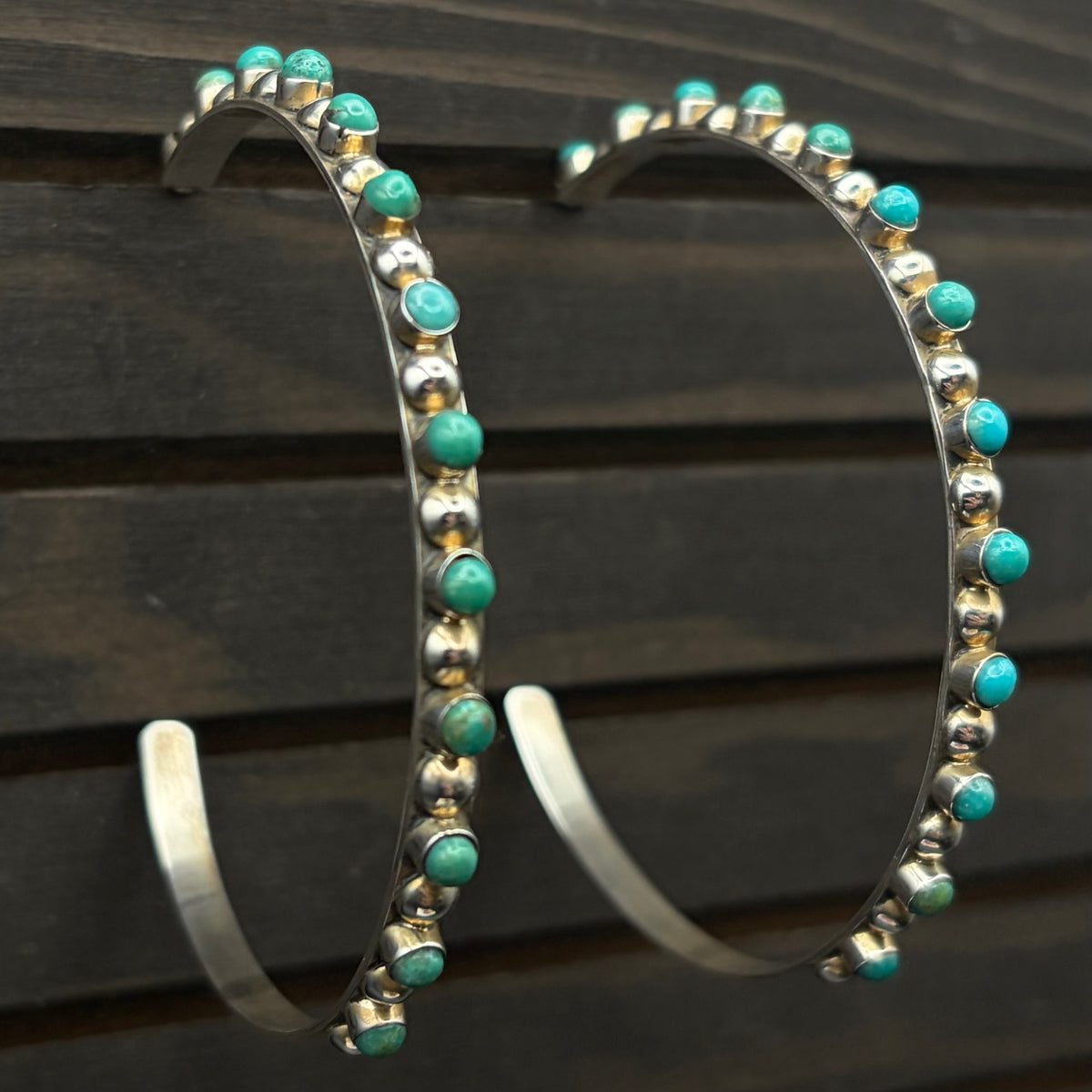 Oxidized Ball & Turquoise Studded Hoop Earrings