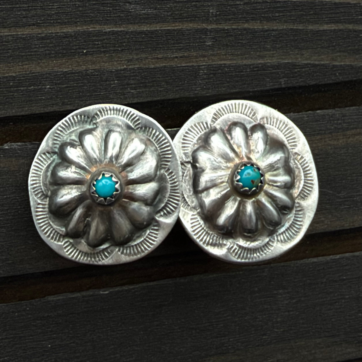 Large Round Stamped Sterling Silver Turquoise Studs