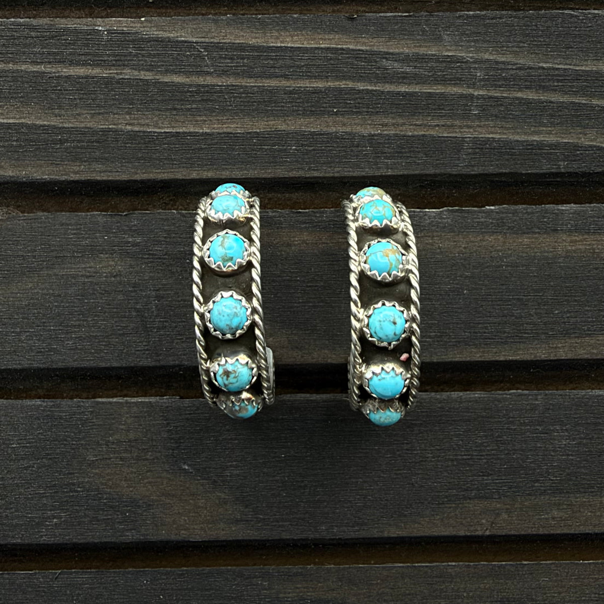Medium Turquoise Studded Sterling Silver Hoop Earrings