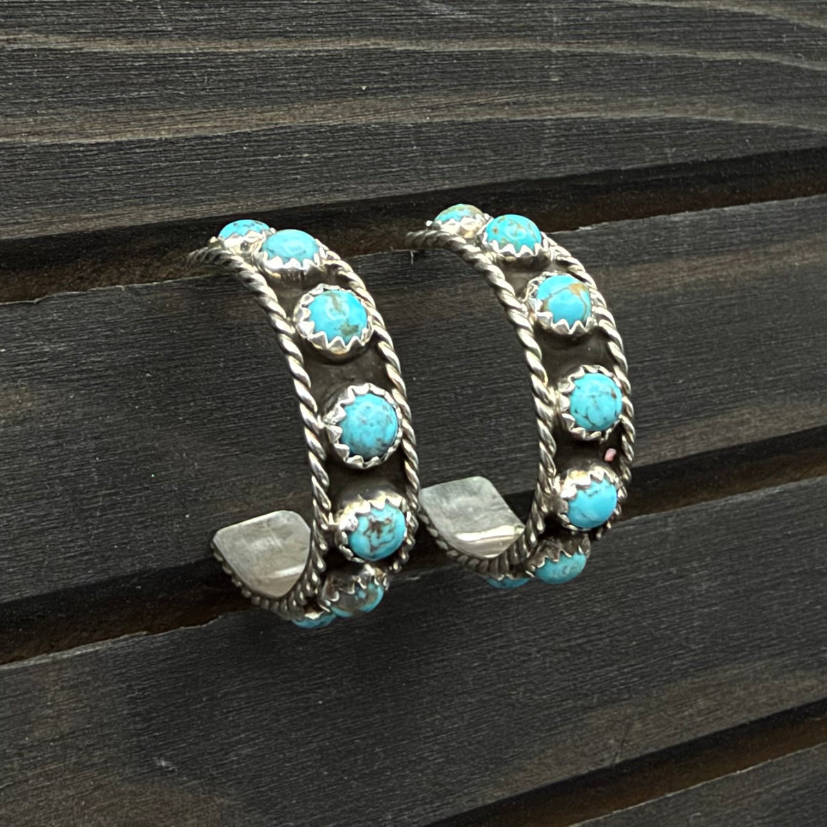 Medium Turquoise Studded Sterling Silver Hoop Earrings