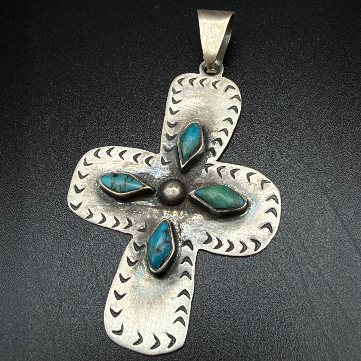 Stamped Sterling Silver Turquoise Cross Pendant