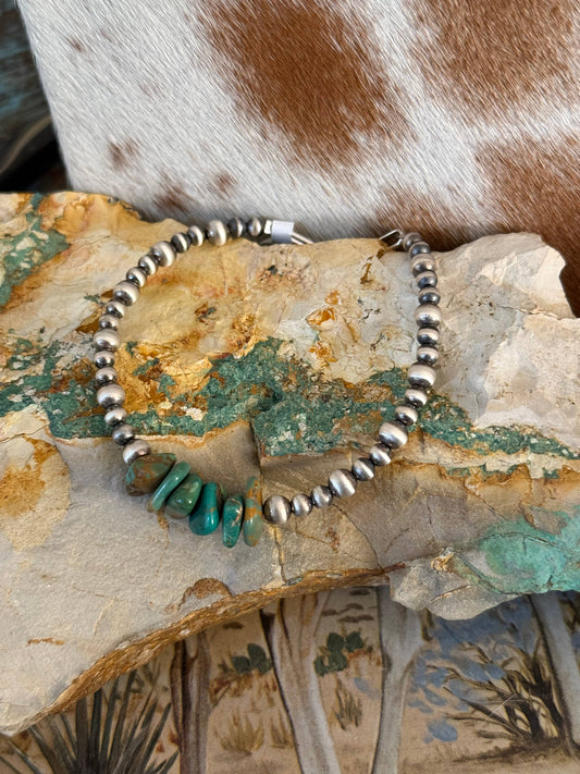 #203 Green Turquoise & Sterling Pearl bracelet