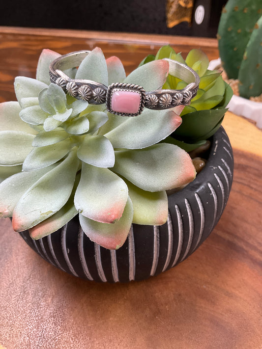 Sterling Silver and Pink Conch Stamped Cuff Bracelet